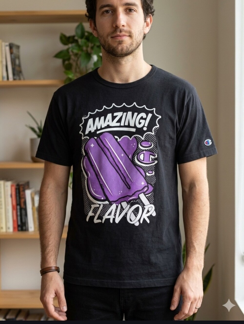 Champion Black Tee with Purple Popsicle Graphic